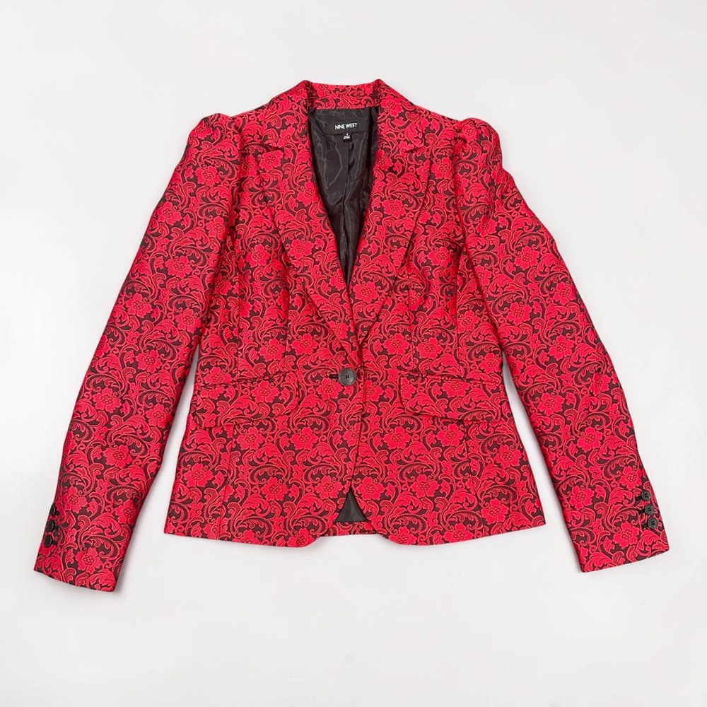 Nine West Blazer Red Black Floral Brocade Jacquard Puff Sleeve Jacket Size 4 Wmn